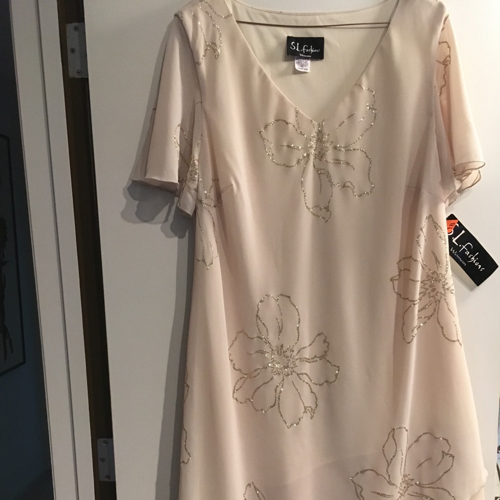 Ivory cocktail dress, gold sparkle flower designs